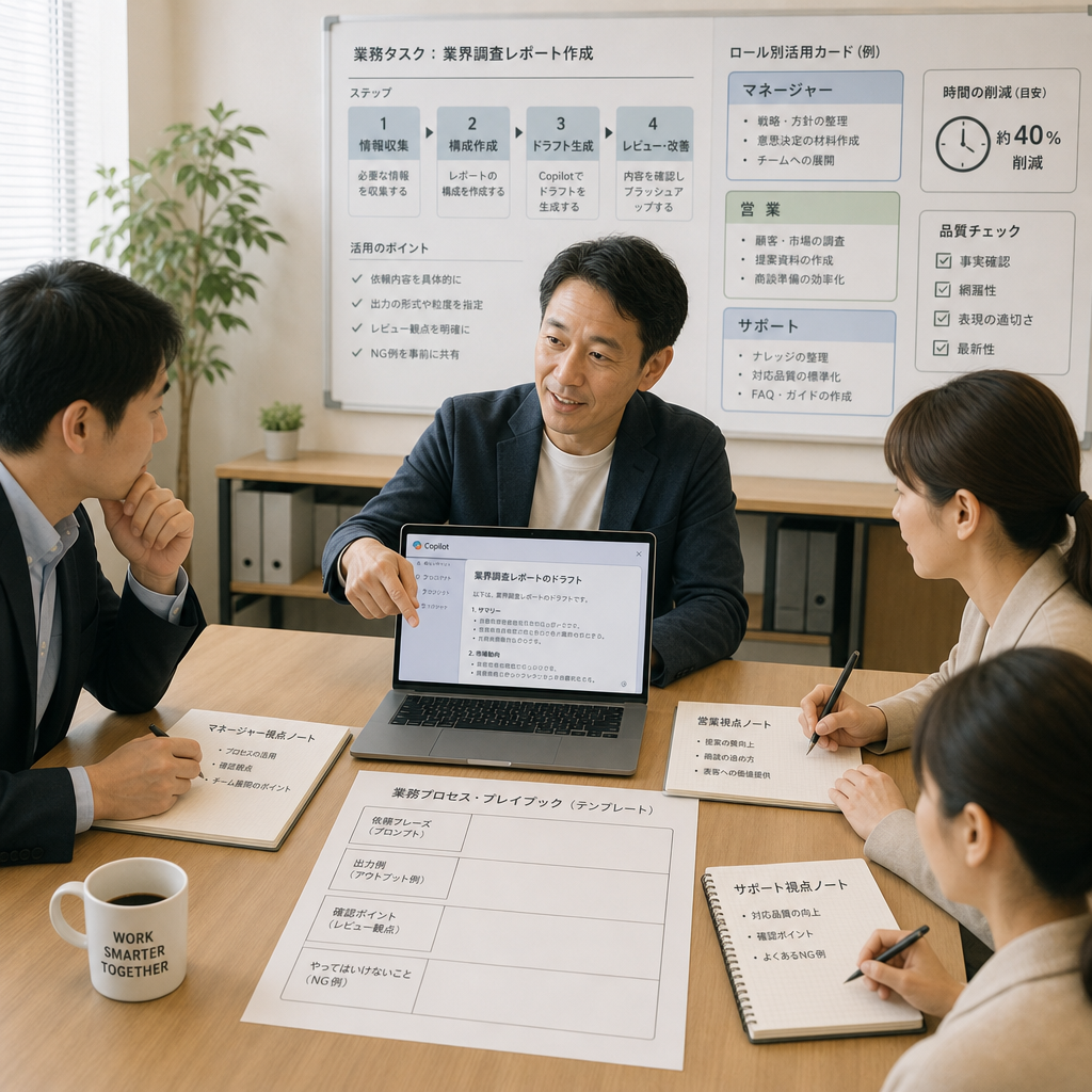 チームでAI活用ルールと成功事例を共有するワークショップ