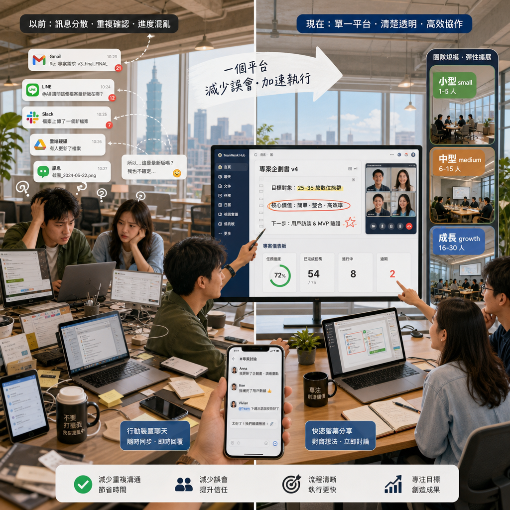 比較不同遠距溝通工具與虛擬辦公平台功能的儀表板畫面