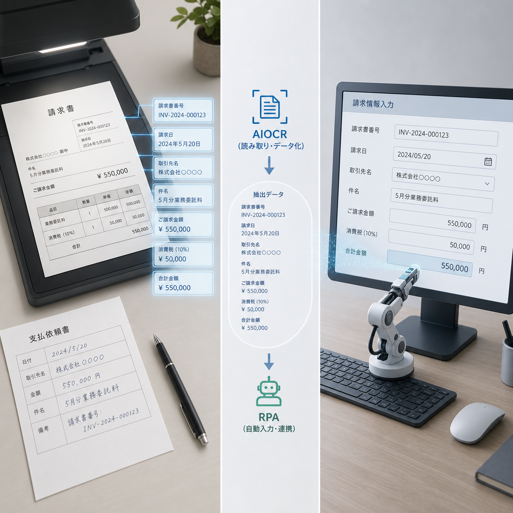 AIOCRとRPAの役割分担を示す業務フロー図