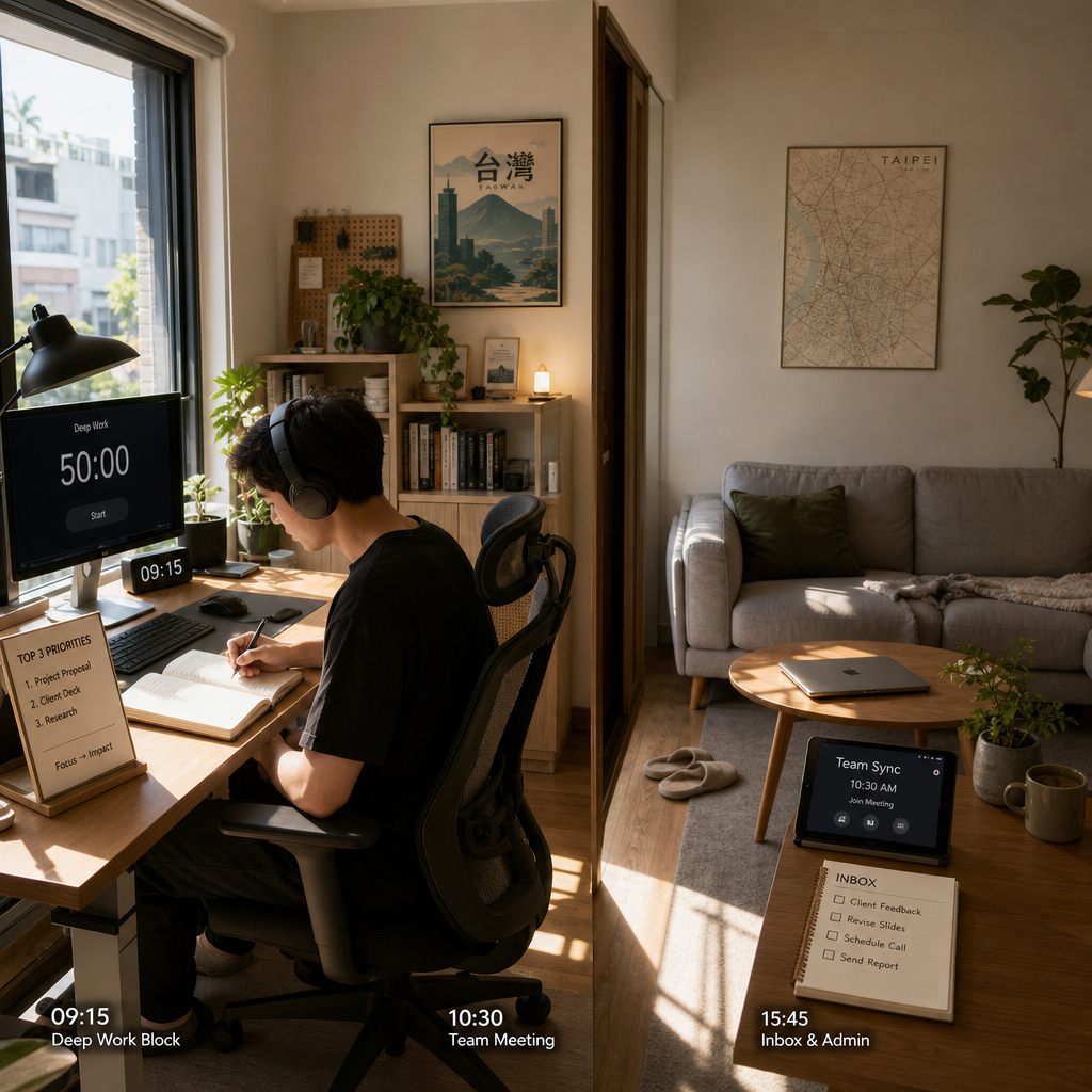 居家辦公者在安靜工作桌前規劃每日任務與專注時段