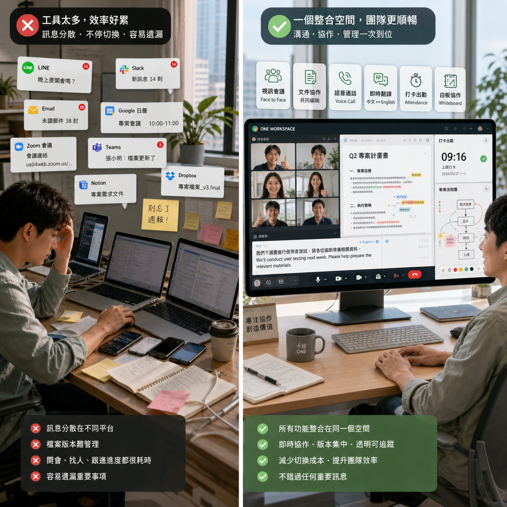 虛擬辦公空間中多人同時協作、翻譯字幕與會議記錄畫面