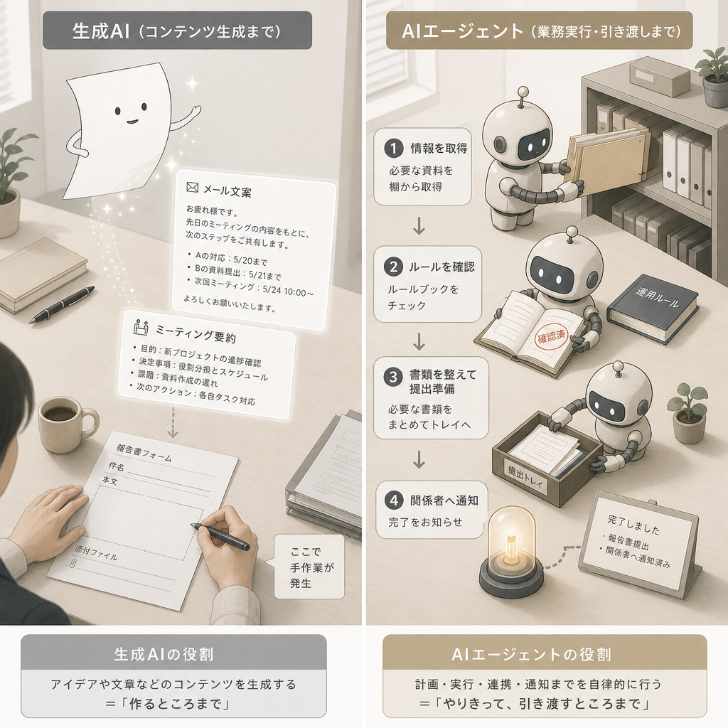 生成AIとAIエージェントの違いを比較する会議風景