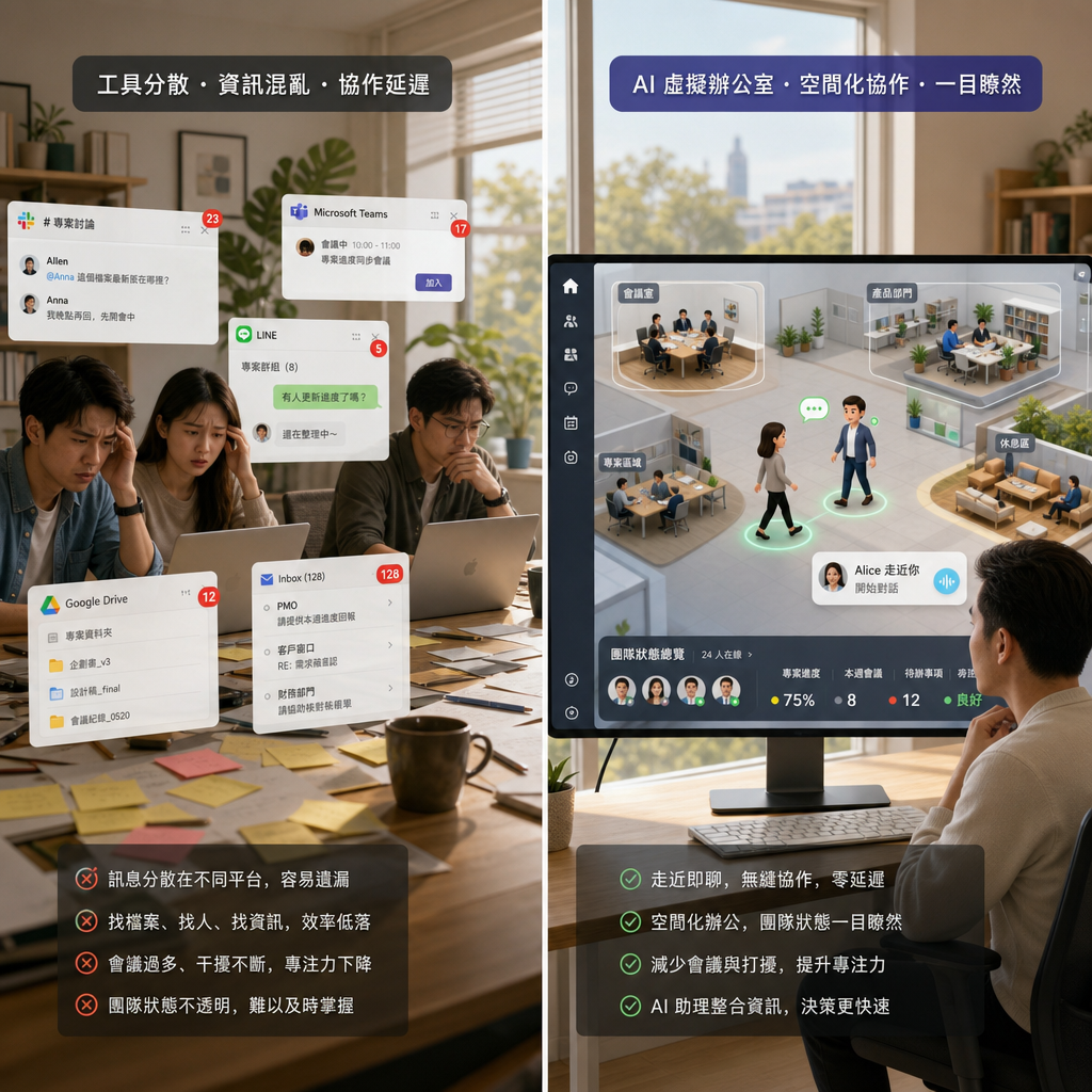 虛擬辦公室與AI協作平台介面展示多人同時工作情境