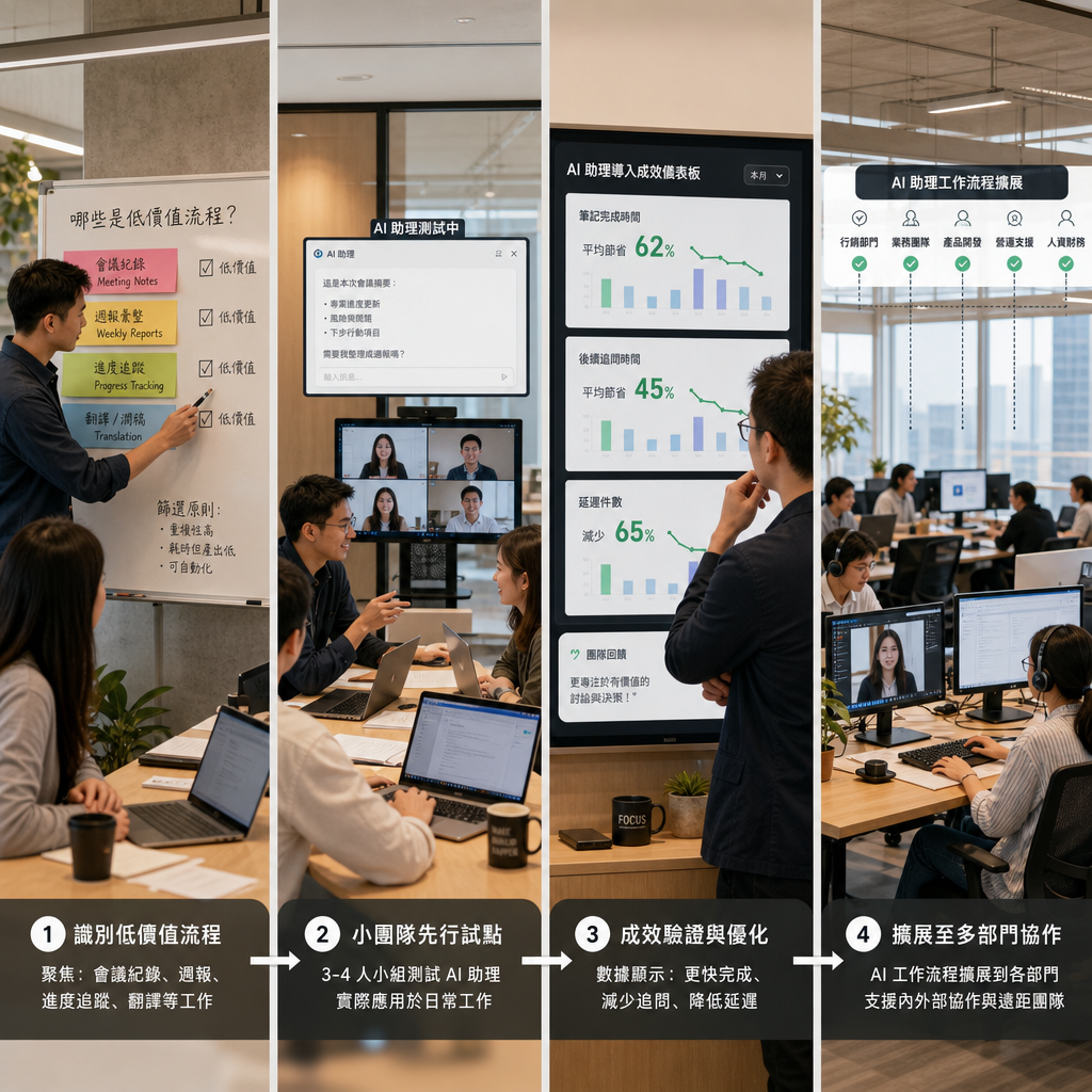 企業逐步導入AI遠距辦公流程與培訓的示意圖