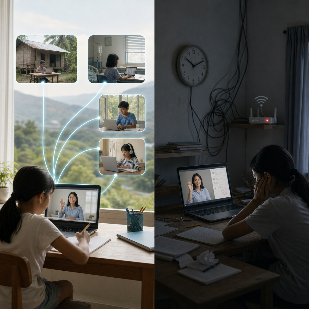 オンライン授業の利点と課題を比較して考えるイメージ
