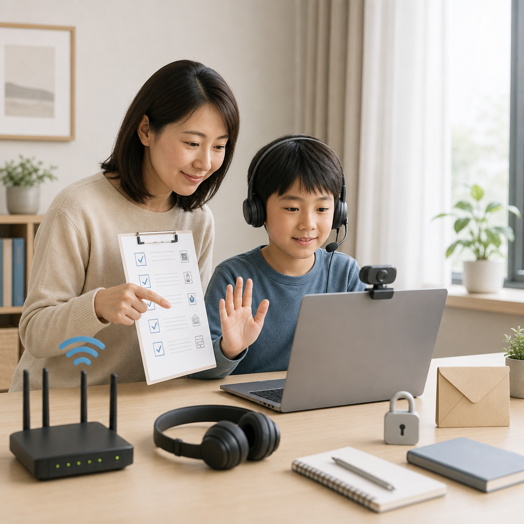 オンライン学習導入前に環境をチェックする保護者と学習者
