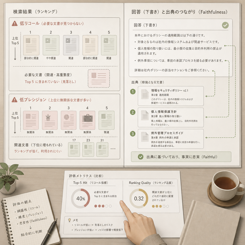 検索系指標と生成系指標を比較する表