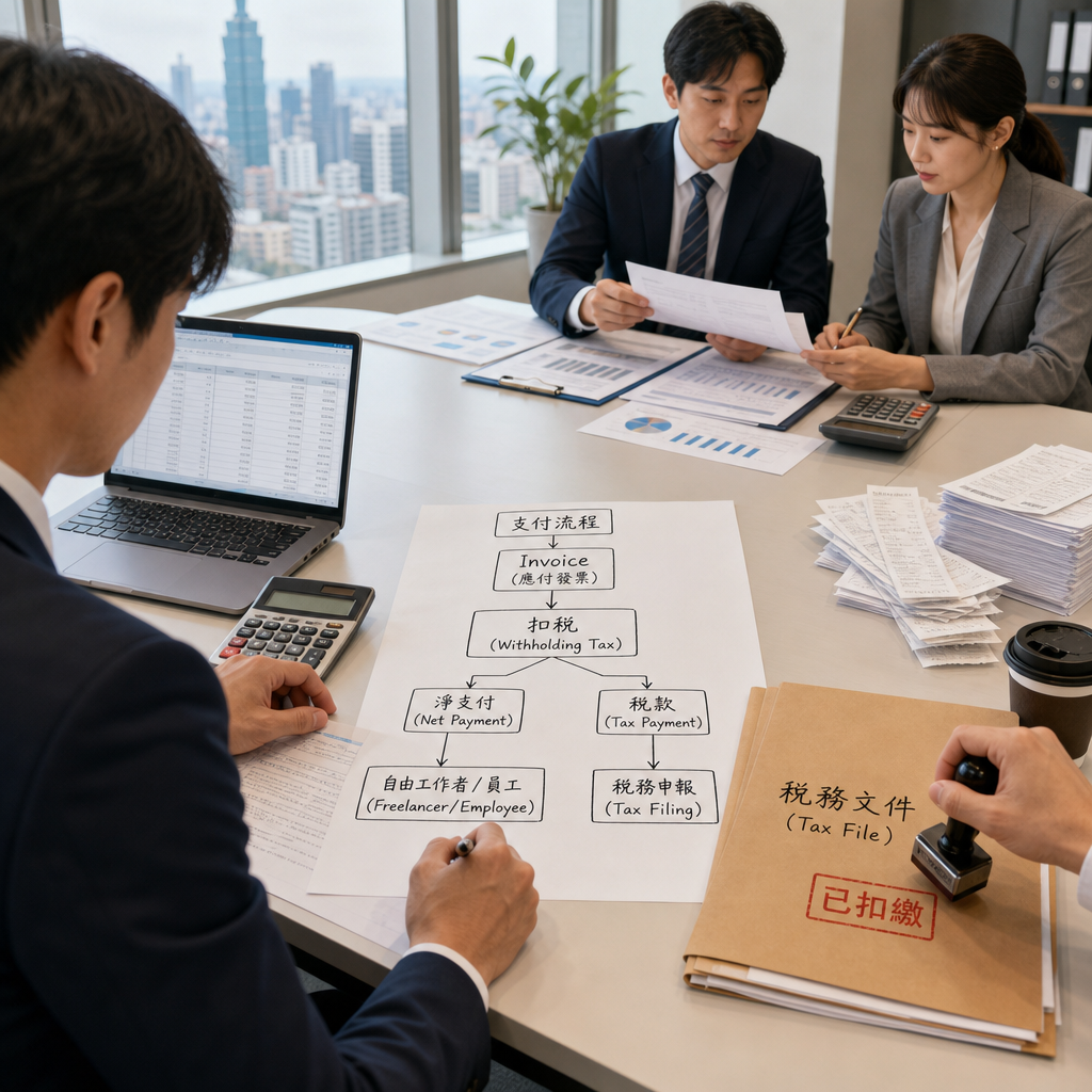 日本企業人資與財務團隊討論源泉扣繳制度文件