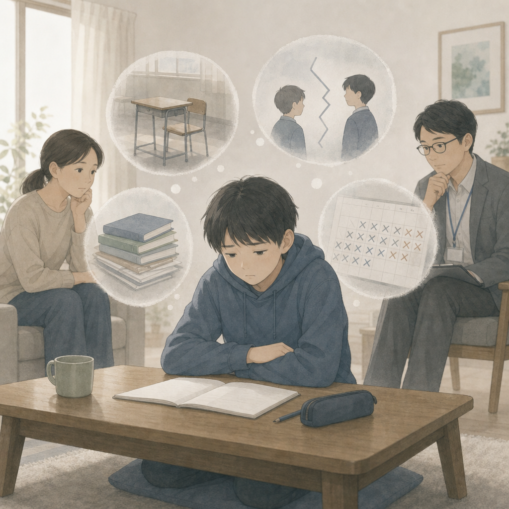 自宅で落ち着いて学習する中学生と保護者