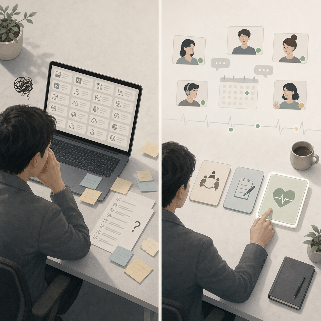 複数の1on1支援サービスを比較検討する担当者