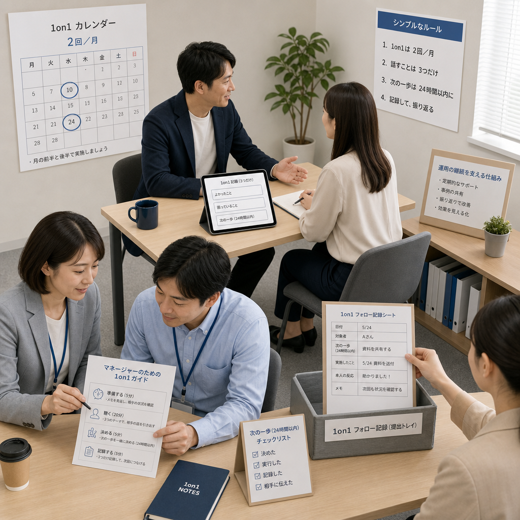 1on1運用ルールをチームで共有するミーティング風景