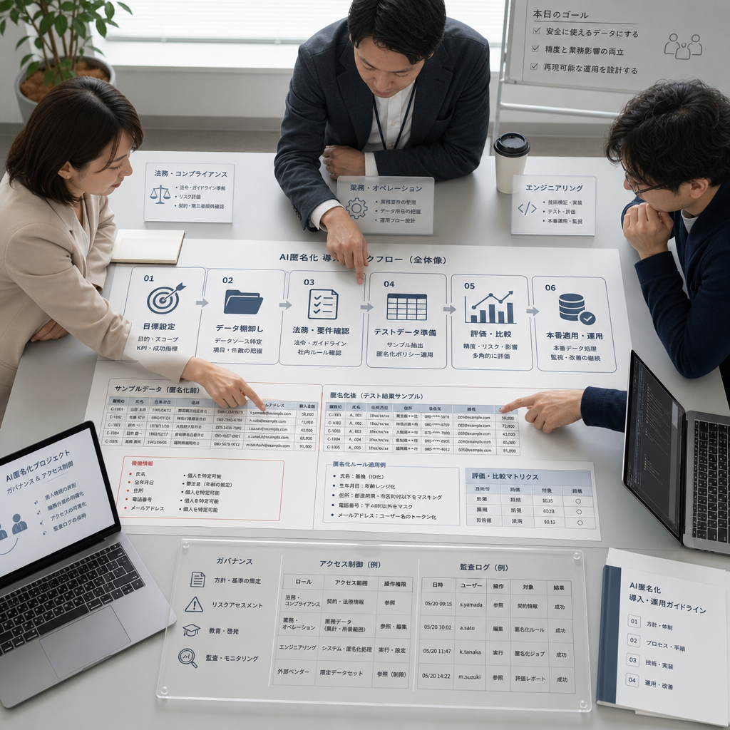 AI匿名加工プロジェクトの導入フローを確認するチーム