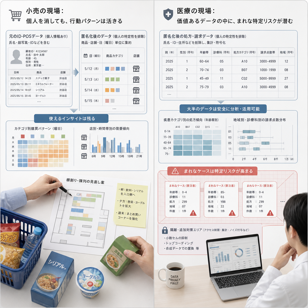 医療 金融 小売のデータ活用事例を比較する図