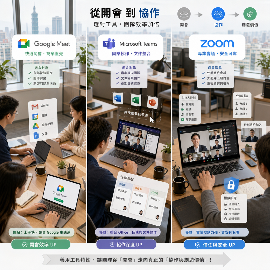 多平台視訊會議工具比較圖，包含會議、協作與整合能力