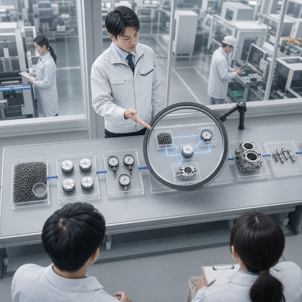 工場で製品履歴とAI分析画面を確認する担当者