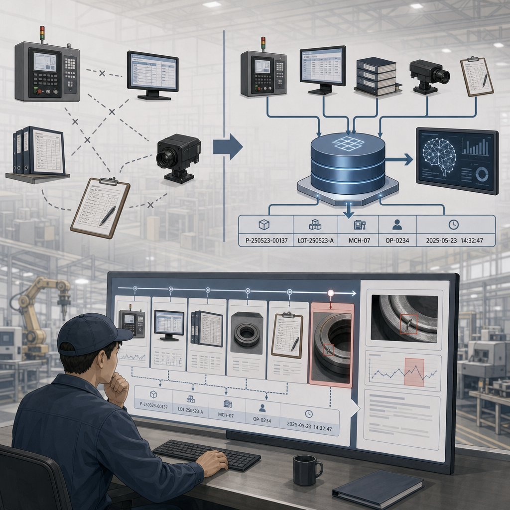 複数設備のデータを統合する工場データ基盤のイメージ