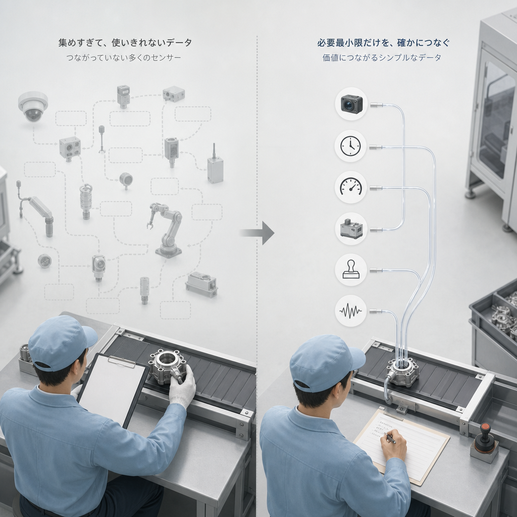 センサーや検査装置から製造データを収集する工場ライン