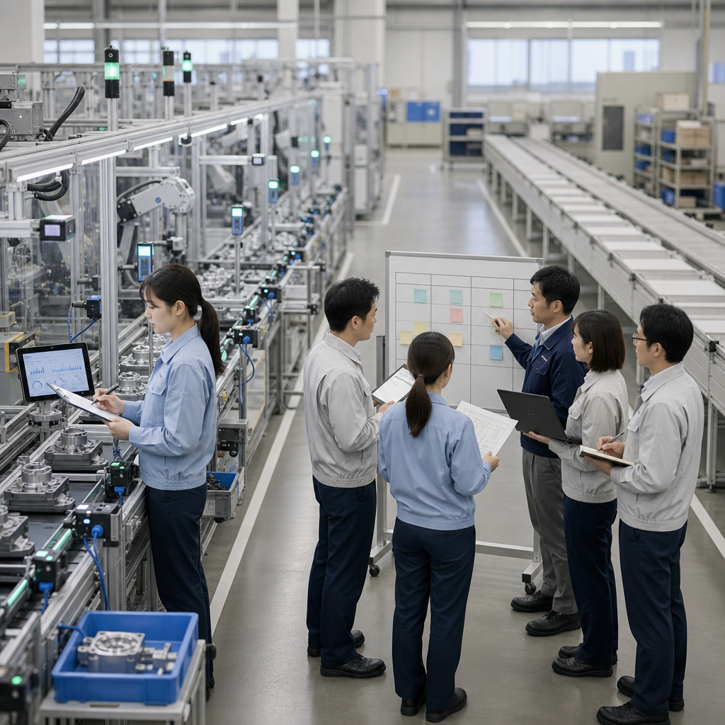 製造現場で段階導入計画を確認するプロジェクトチーム
