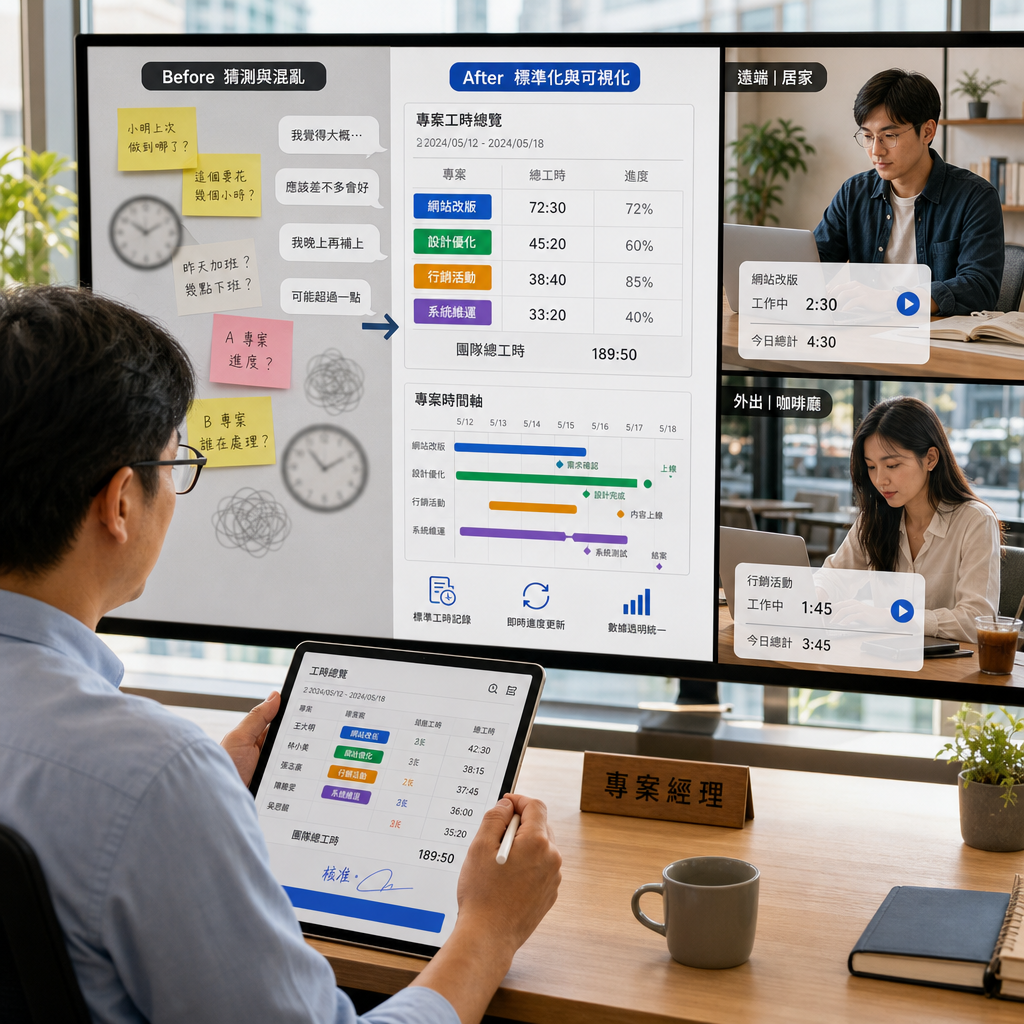 企業團隊在遠端與混合辦公情境下使用工時追蹤工具查看工時報表