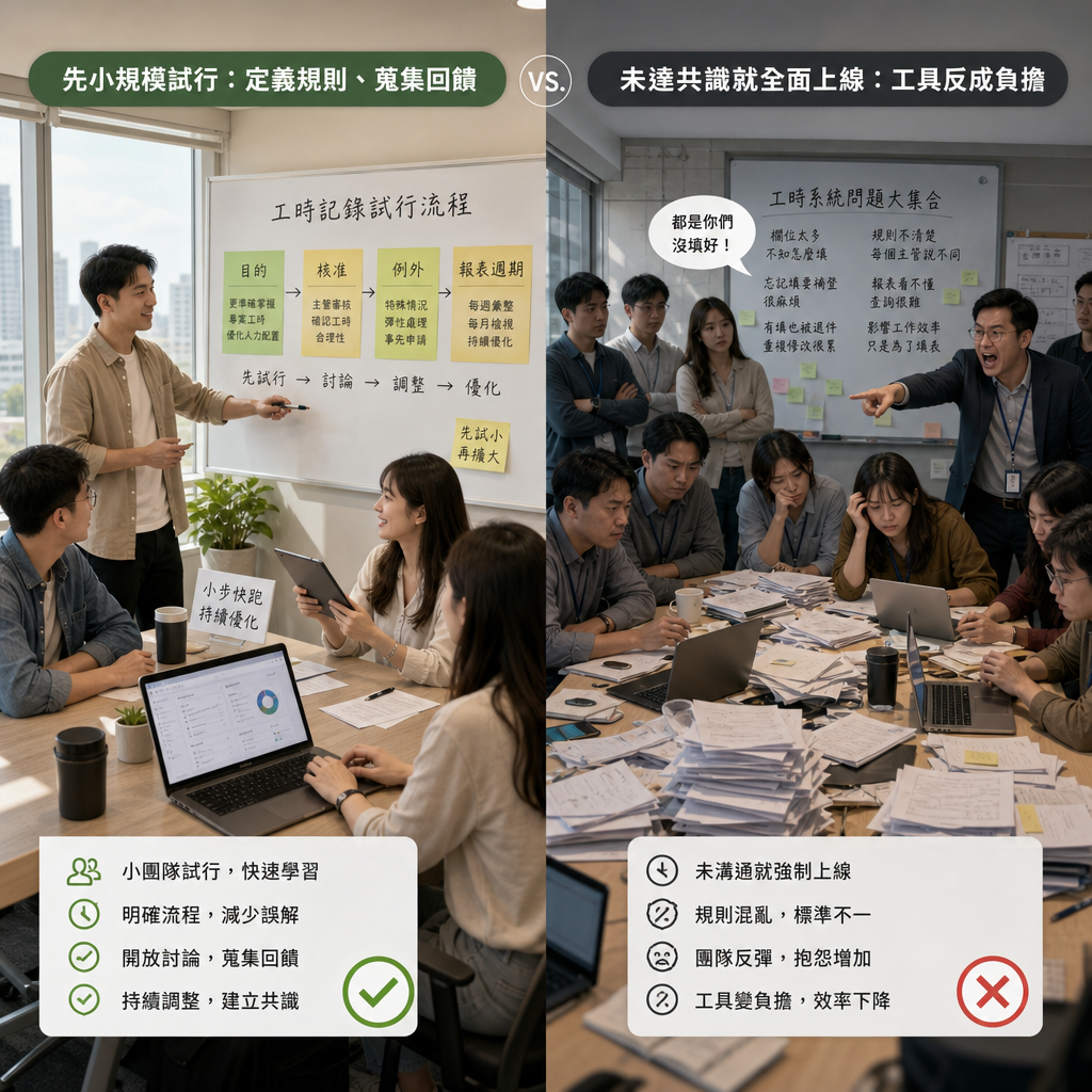 企業導入工時追蹤工具的流程圖與教育訓練情境