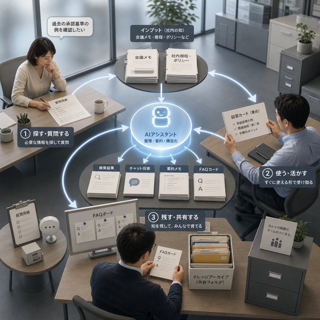 生成AIを社内業務へ組み込む全体像の図解イメージ
