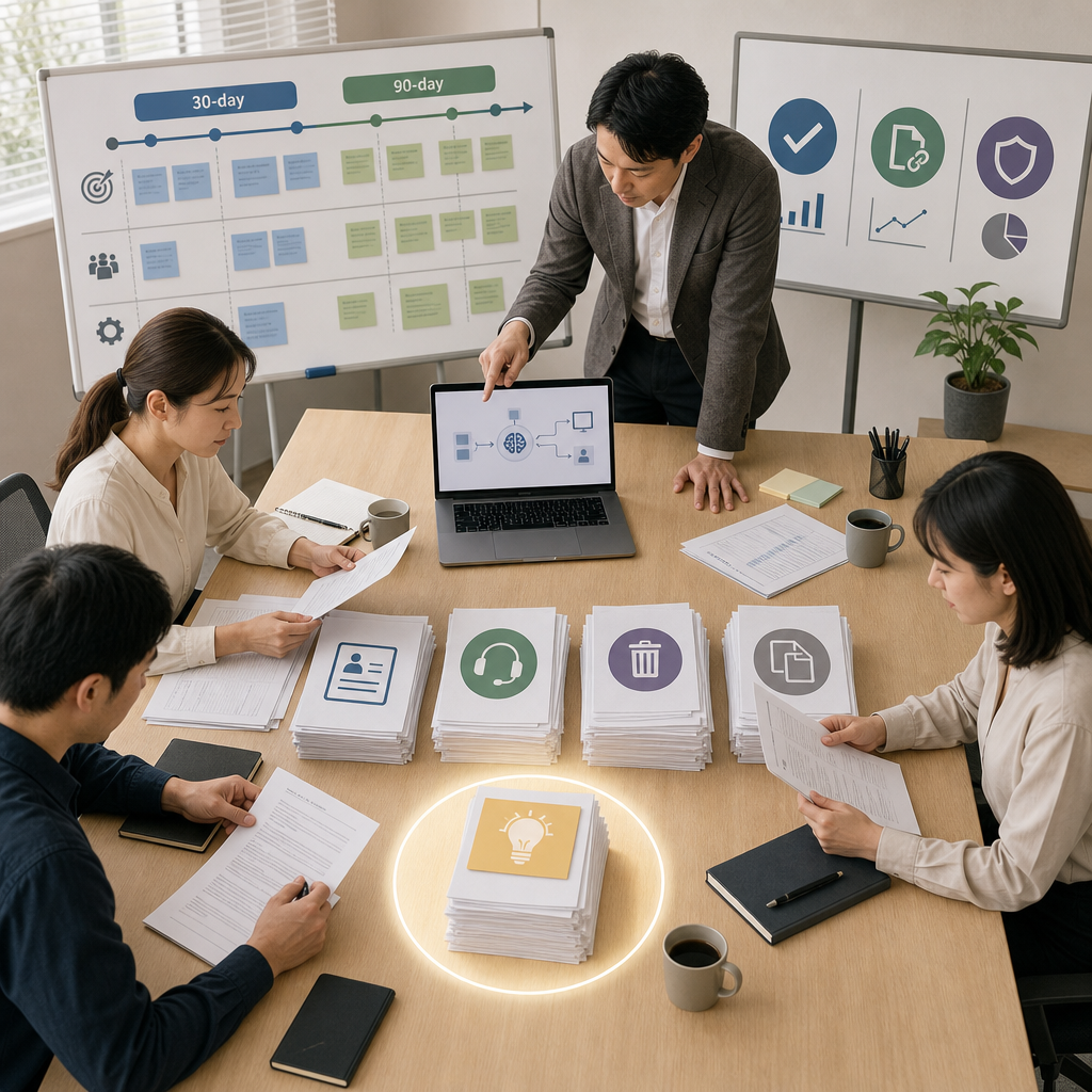 社内AIナレッジ導入ロードマップを確認するチーム