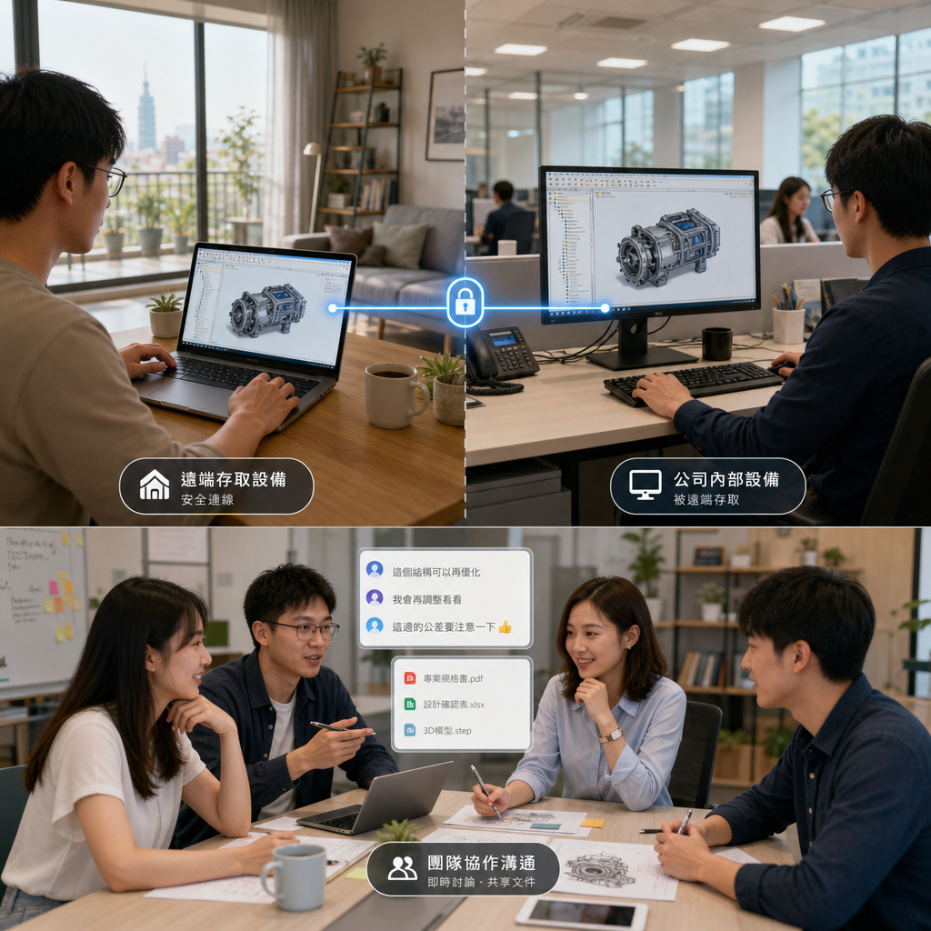 員工使用筆電連線遠端公司電腦並與團隊協作