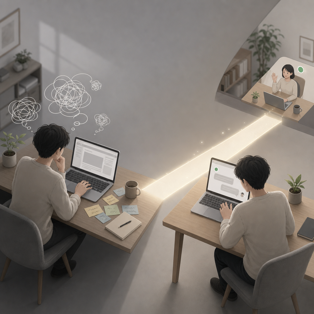 在宅勤務中のメンバーが自然に声をかけ合う様子