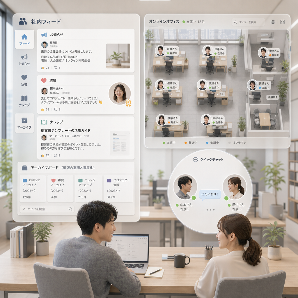 社内SNSとオンラインオフィスを比較している図