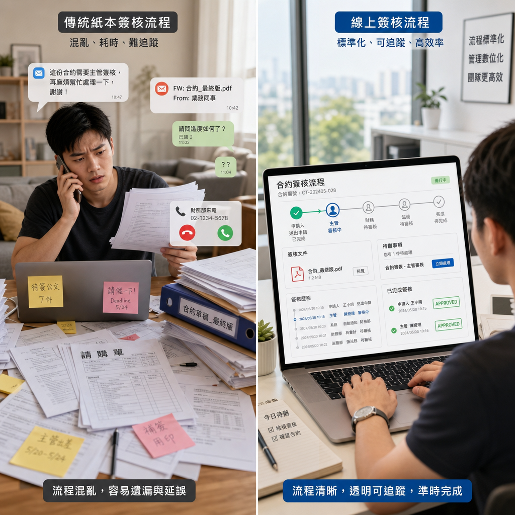 企業團隊使用線上簽核系統處理跨部門審批流程