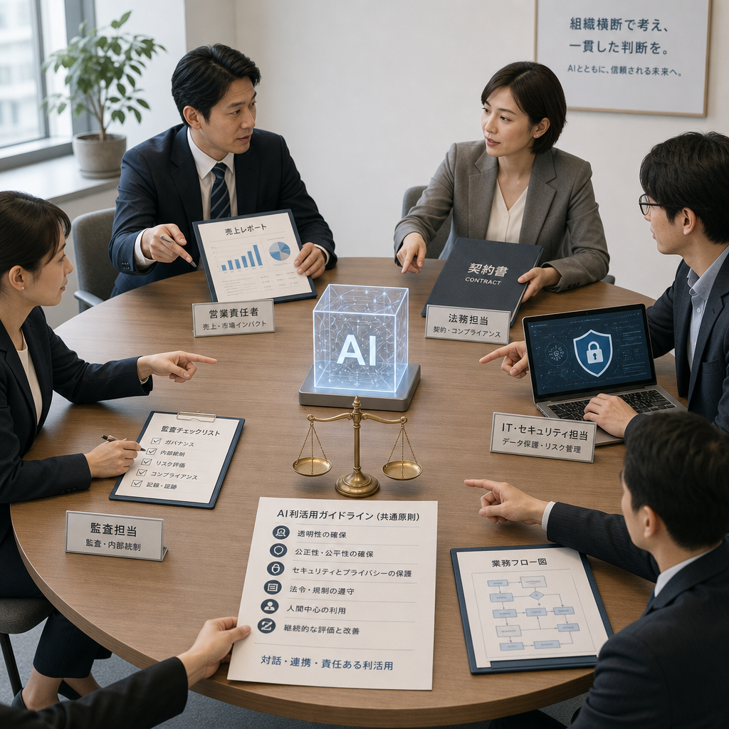 会議室でAI活用方針を議論する企業の委員会メンバー