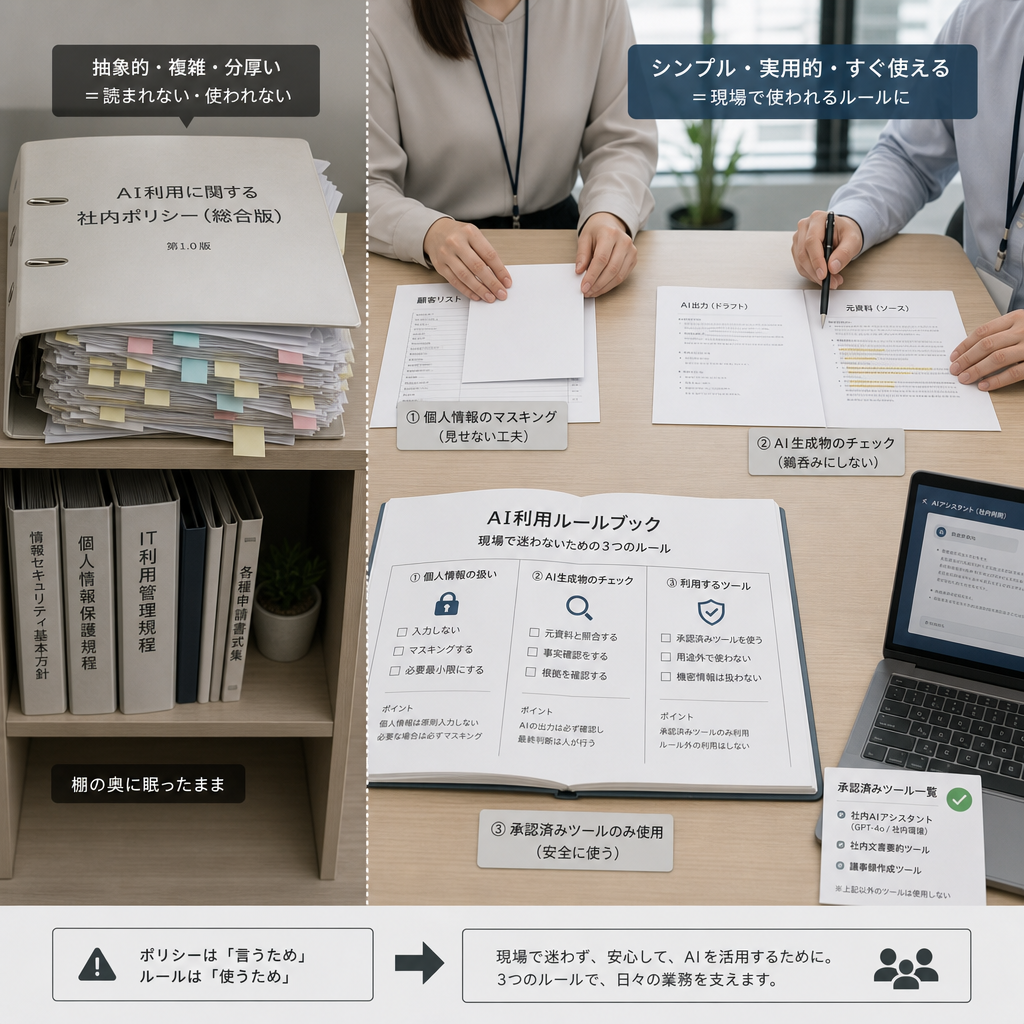 AI利用ルールブックと社内ポリシー文書を確認する担当者