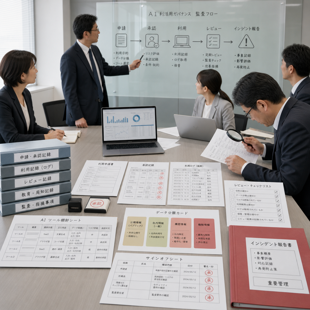 監査資料とAI判断記録を確認するコンプライアンス担当者