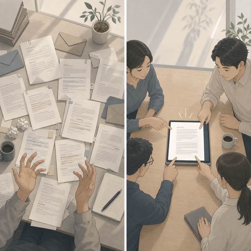 クラウド上の文書を複数人で同時編集するチームのイメージ