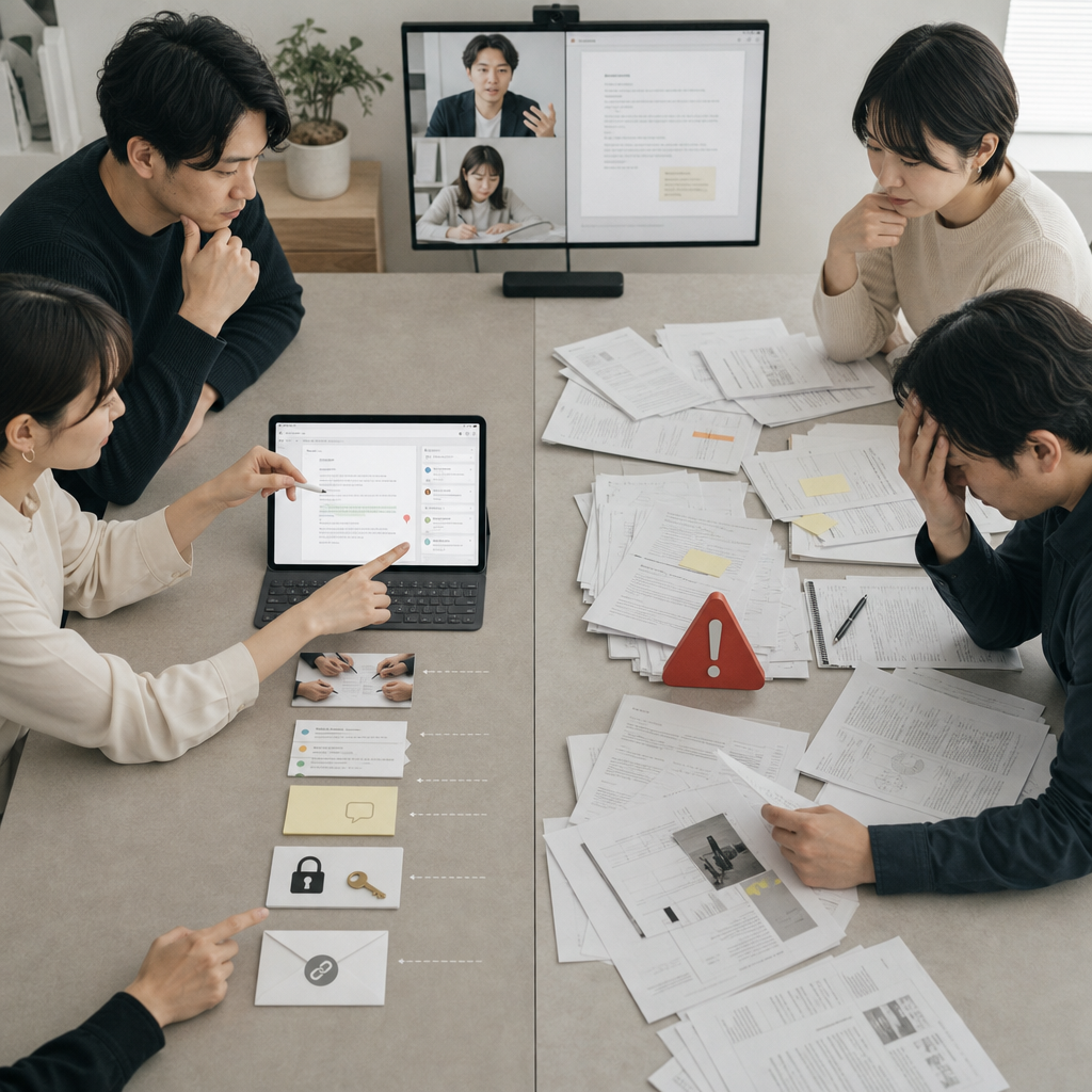 複数の業務ツールを比較検討する担当者の画面