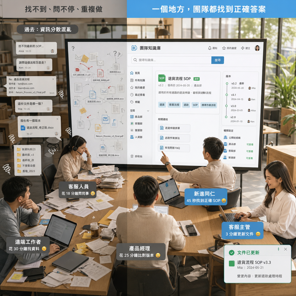 企業團隊使用知識庫軟體整理文件與協作流程