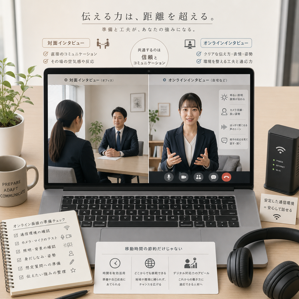 ノートPCでビデオ通話面接を受ける応募者