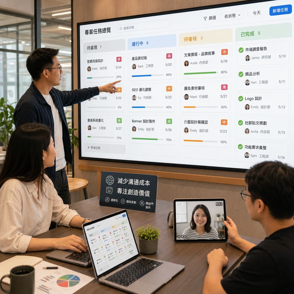 團隊在看板與儀表板上追蹤任務進度的工作情境