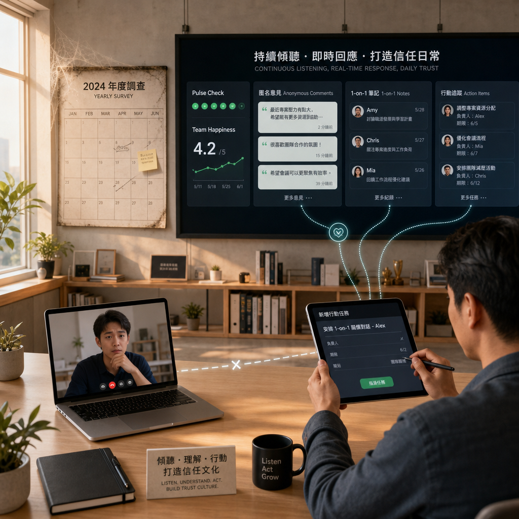 人資主管在儀表板上查看員工敬業度平台數據