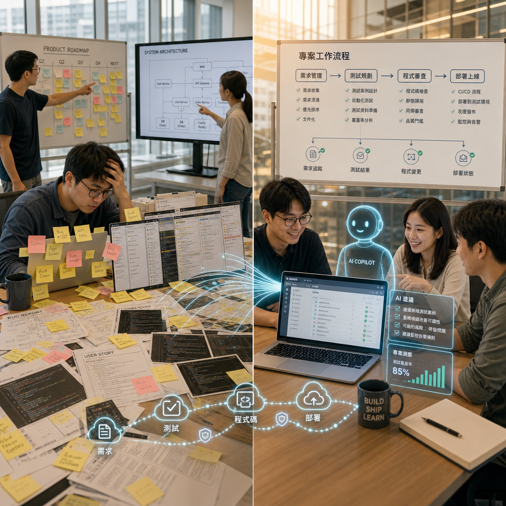 工程團隊討論 AI 開發流程與產品需求