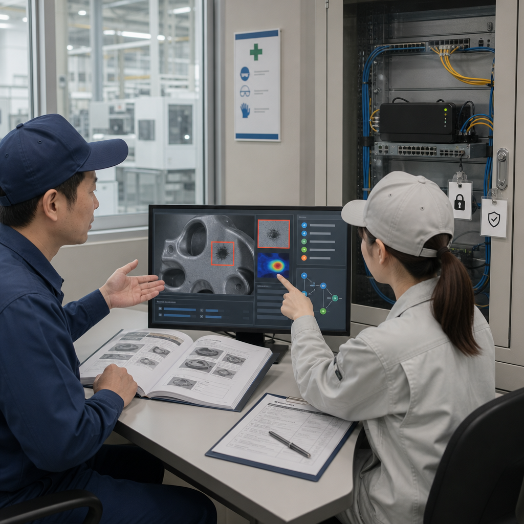 工場のエッジAIシステムを監視する技術者