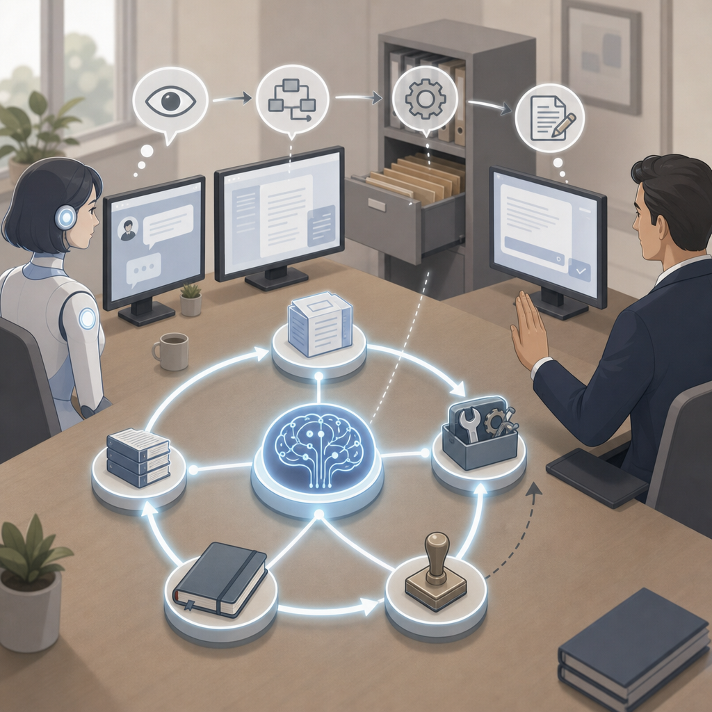 業務システムと連携するAIエージェントの構成図
