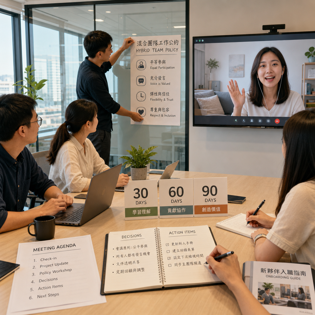 混合辦公團隊在辦公室與遠端視訊畫面中共同協作