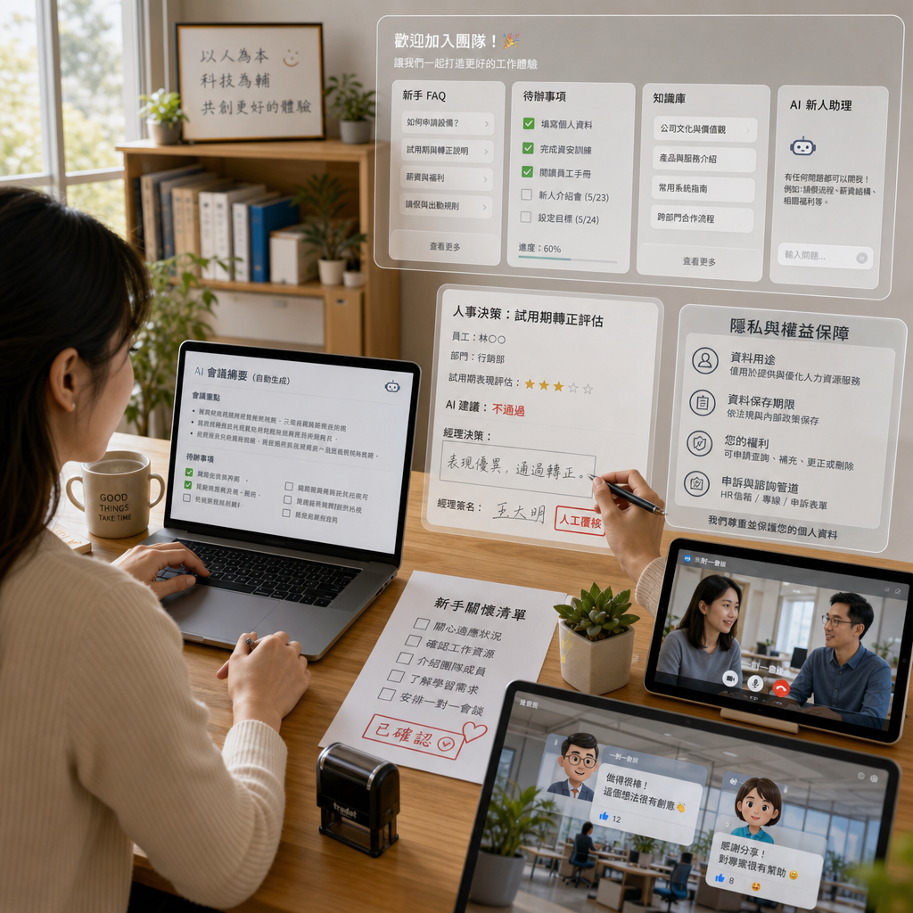 團隊在虛擬辦公空間查看 AI 會議摘要與協作狀態