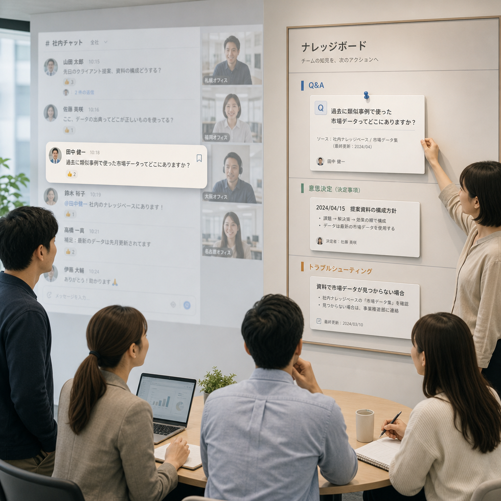 部署を越えて社内SNSで質問と回答を共有する社員