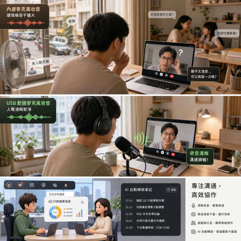 遠端團隊使用耳機麥克風與視訊會議共同協作