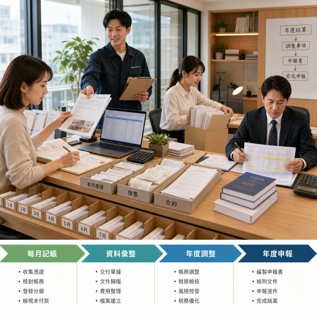 會計人員以日本法人帳簿核對發票與銀行明細