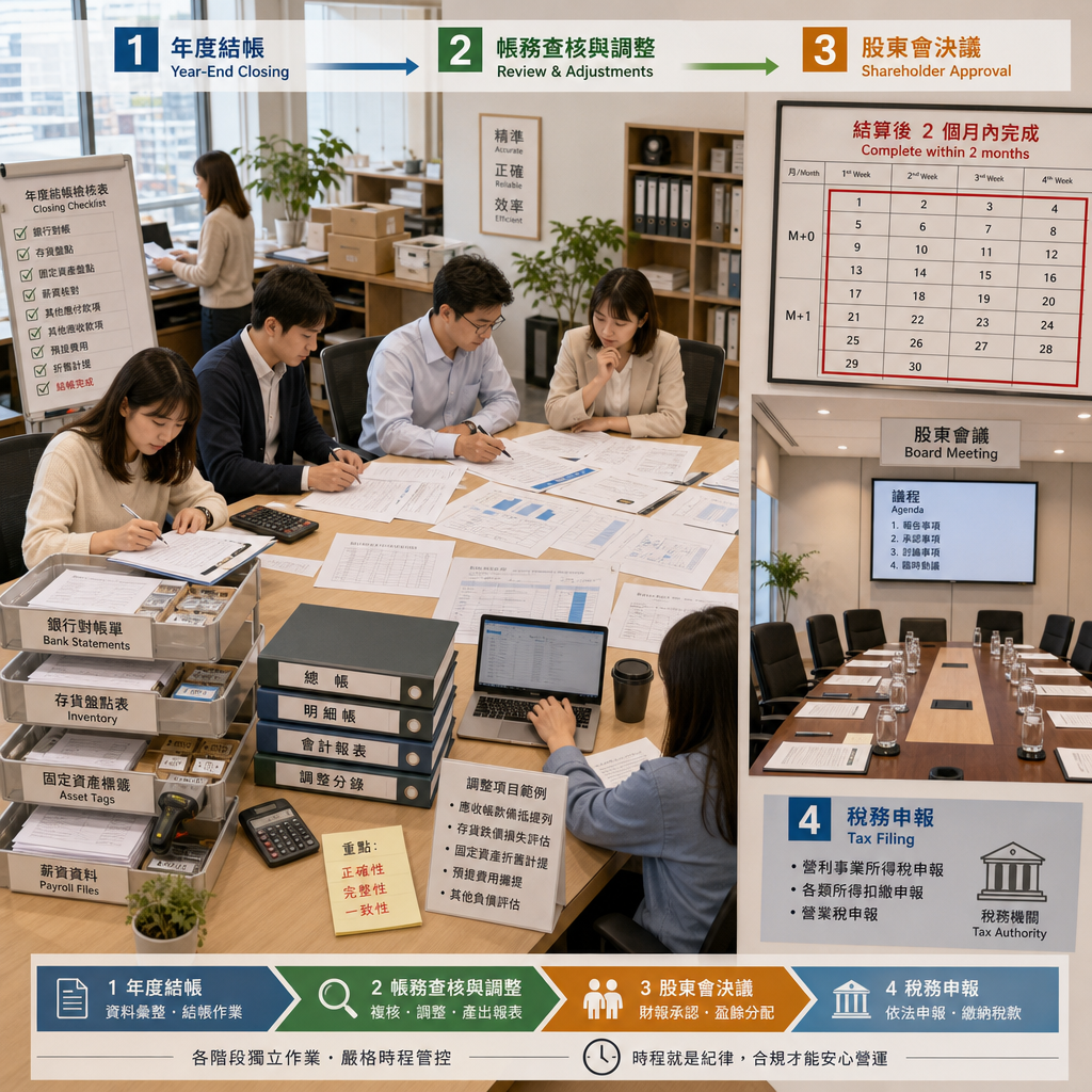 日本公司財務人員檢視年度決算報表與行事曆