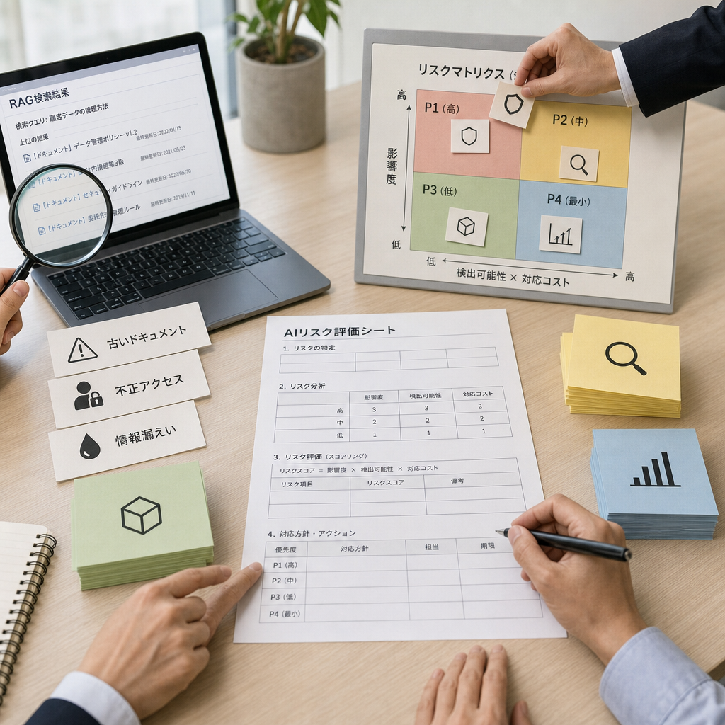 リスクマトリクスを使ってAI導入を評価する担当者