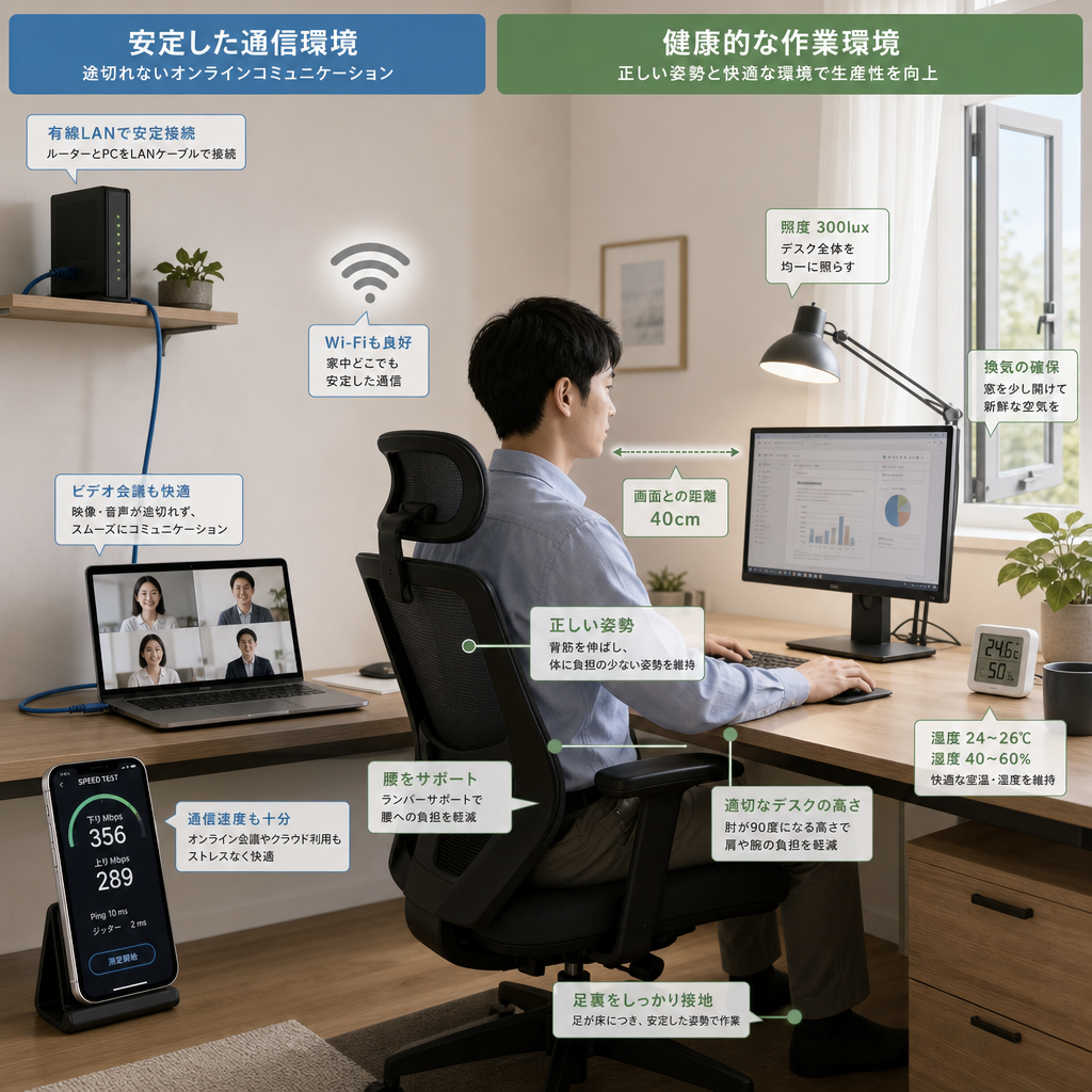 適切な机とモニターを備えた安全な在宅ワークスペース